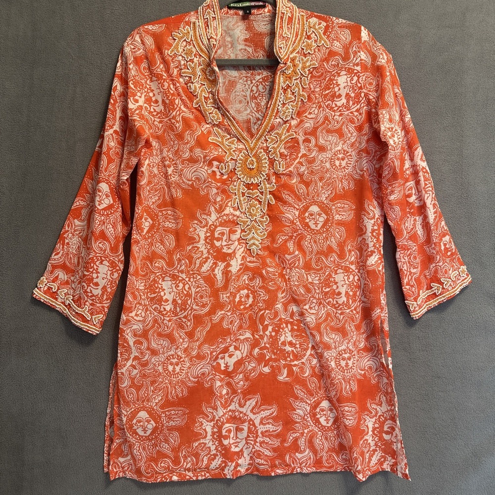 Key Lime & Pink Beaded Tunic Top Size S Orange Beachy Resort Coastal Celestial